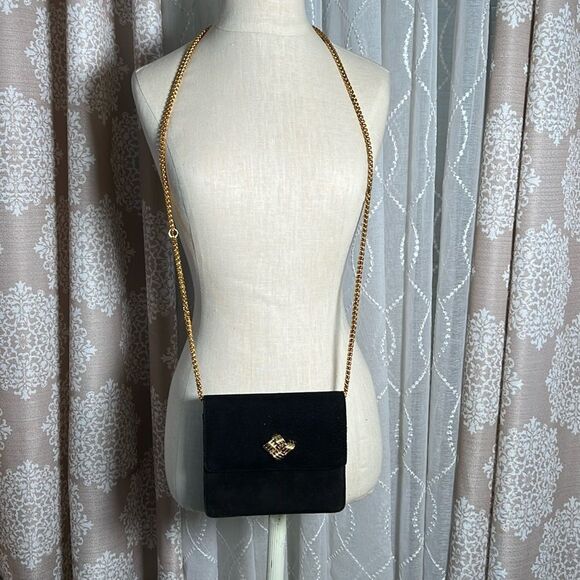 Vintage Talbots Black Suede Shoulder Bag with Gold Chain - Picture 1 of 11